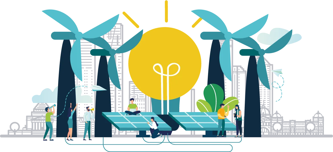 Illustration of a city powered by solar panels and wind turbines