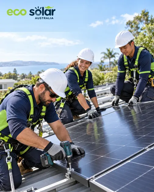 Eco Solar Australia installers in safety harnesses fitting solar panels on a roof