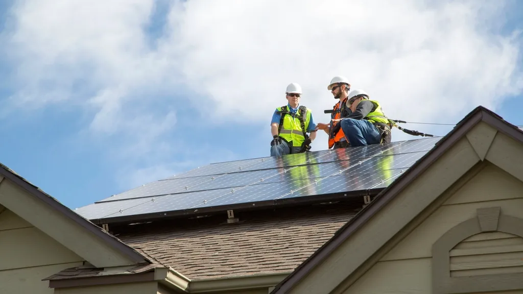 Solar technicians in safety harnesses checking panels on a roof